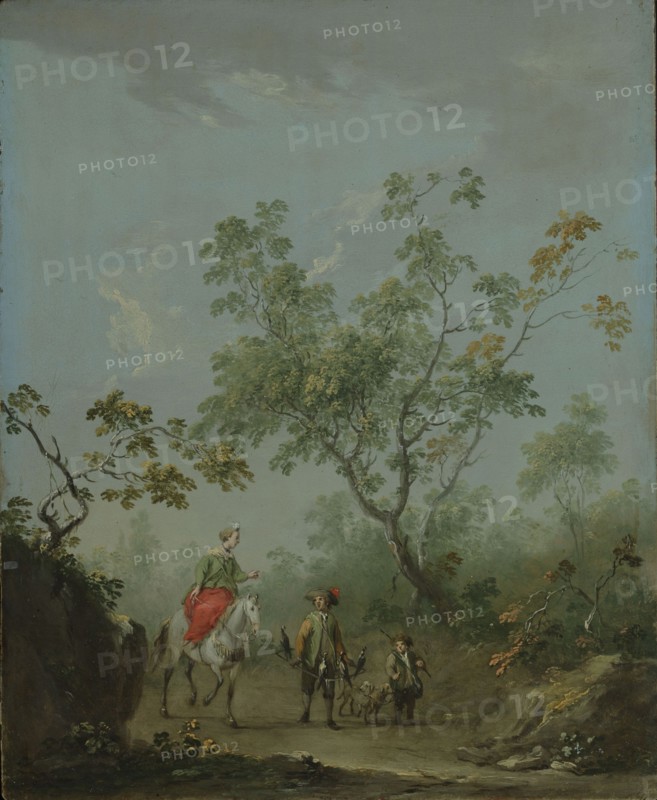Forest landscape with a lady on horseback, a falconer and a huntsman.