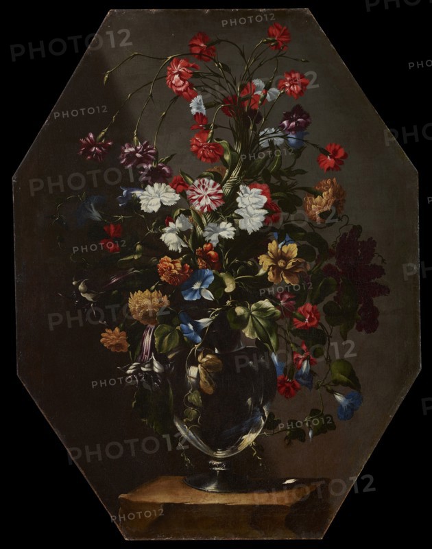 Carnations, dahlias and hyacinths in a vase, c. 1670.
