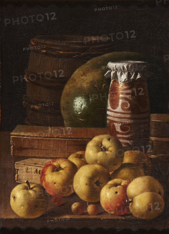 Still life with apples, strawberries, watermelon, box of sweets, jar of honey and barrel, Mid of the