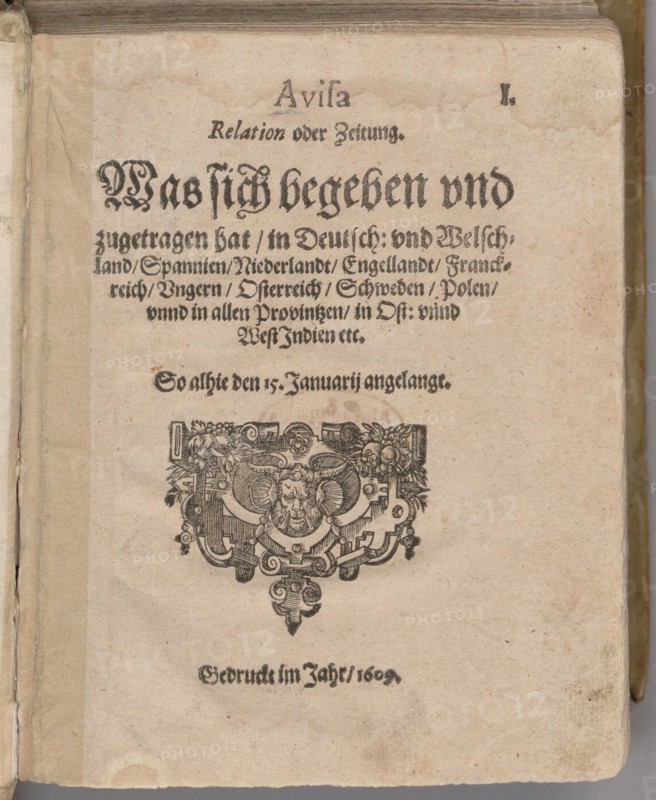 Aviso. Relation oder Zeitung. Title page of the first edition , 1609.