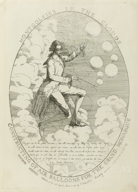 Montgolfier in the clouds. Constructing of air balloons , 1784.