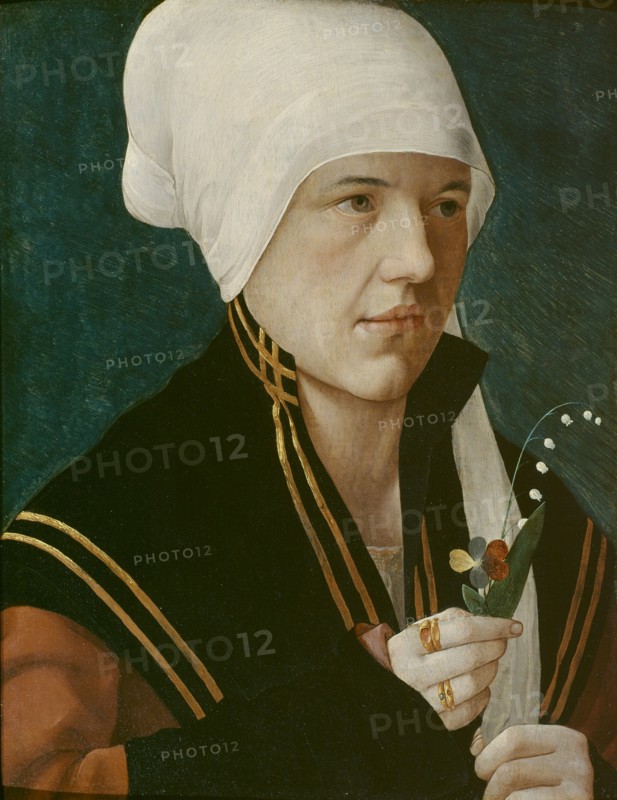 Portrait of a woman holding a Lily-of-the-Valley and a pansy, before 1520.