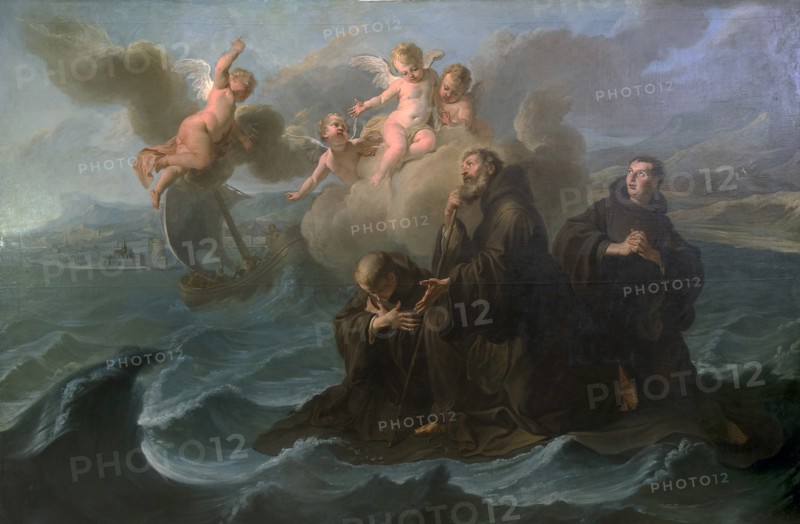 Saint Francis of Paola and his companions cross the strait to Messina on his cloak, 1723.