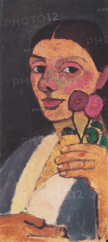 Self-Portrait with Two Flowers in Her Raised Left Hand, 1907.