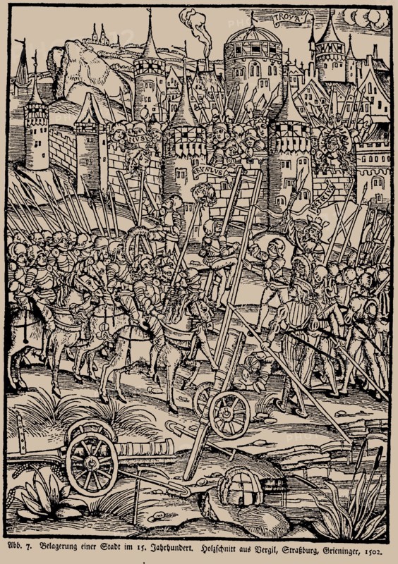 Siege of a city in the 15th century. From the Strasbourg Vergil by Johann Grieninger, 1502.