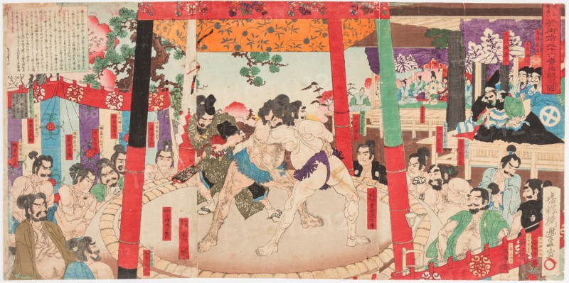 Sumo performed before Hideyoshi and Kato Kiyemasa, 1884.