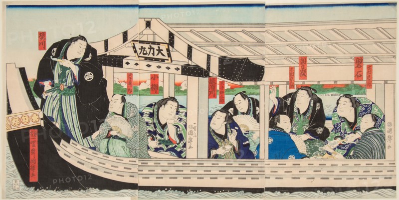 Sumo Wrestler Dairiki Maru on a boat with friends, 1864.