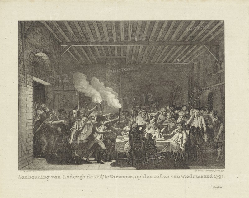The arrest of Louis XVI and his family at Varennes, June 22, 1791, 1799.