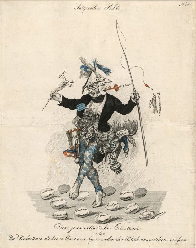 The journalistic egg dance, c. 1840.