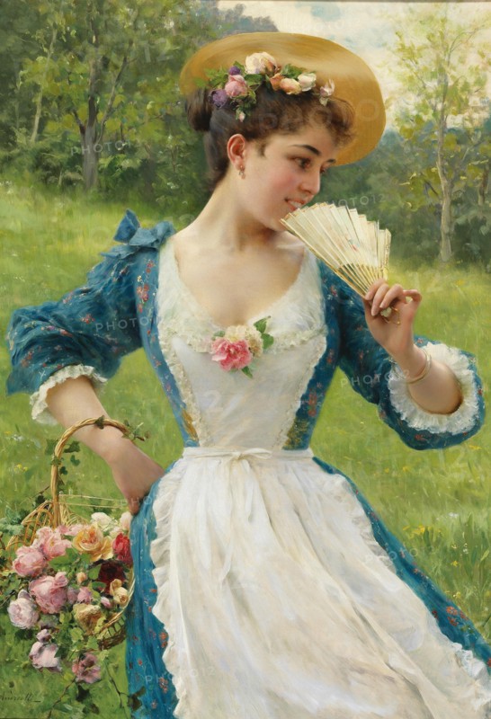 Young beauty with a basket of roses, .