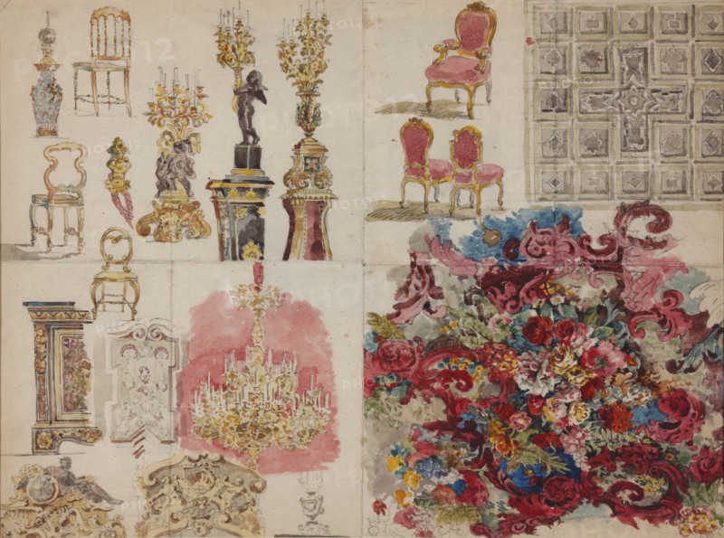 Design of furniture, ceiling, lamps, decorative wall painting with flowers for the Jussupow Palace o