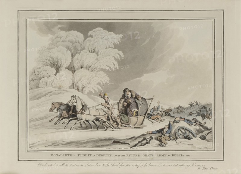 Napoleon retreats from Moscow. Cossacks attacking French soldiers.