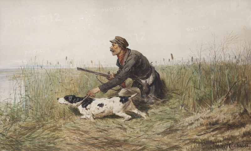 Hunter with hunting dog, 1870s.