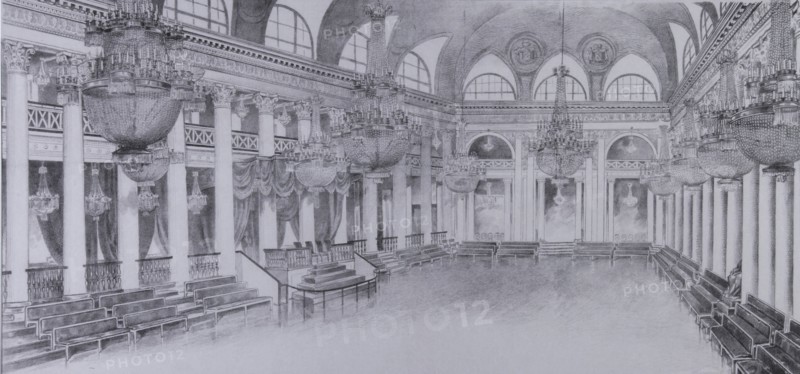 Interior of the Ballroom of the Assembly of the Nobility in Moscow, 1840s.
