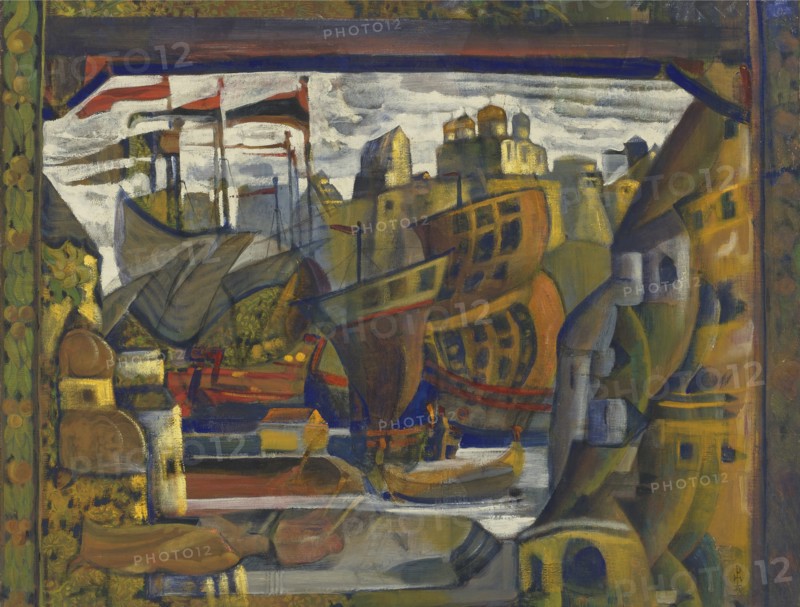 The Novgorod Market. Stage design for the opera Sadko by N. Rimsky-Korsakov, 1920.