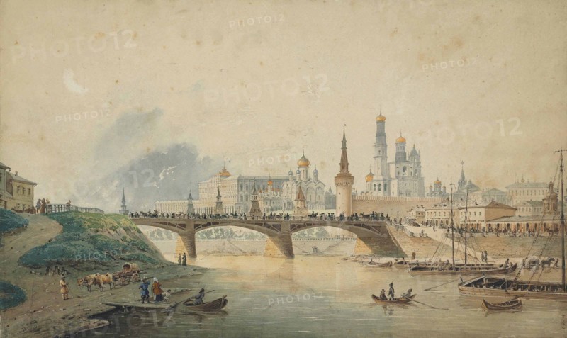 View of the Kremlin and Moskvoretsky bridge from the Moskva River embankment , 1870.