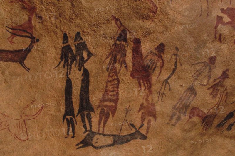 The dancers of Cogul. Cave painting from the Roca de los Moros (Roca dels Moros).