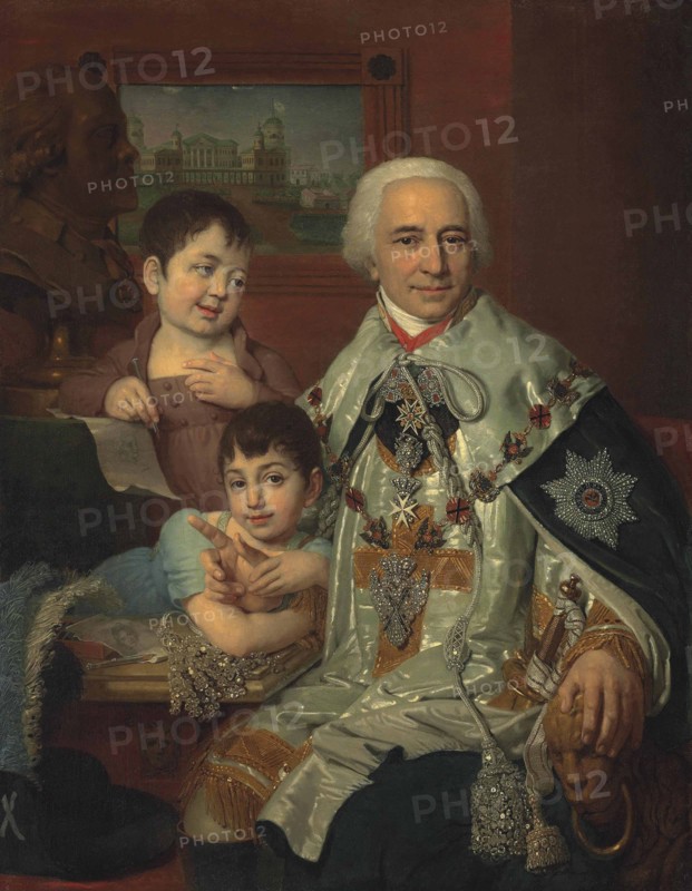Portrait of Admiral Count Grigory Grigoryevich Kushelev (1754-1833) with children, 1809.