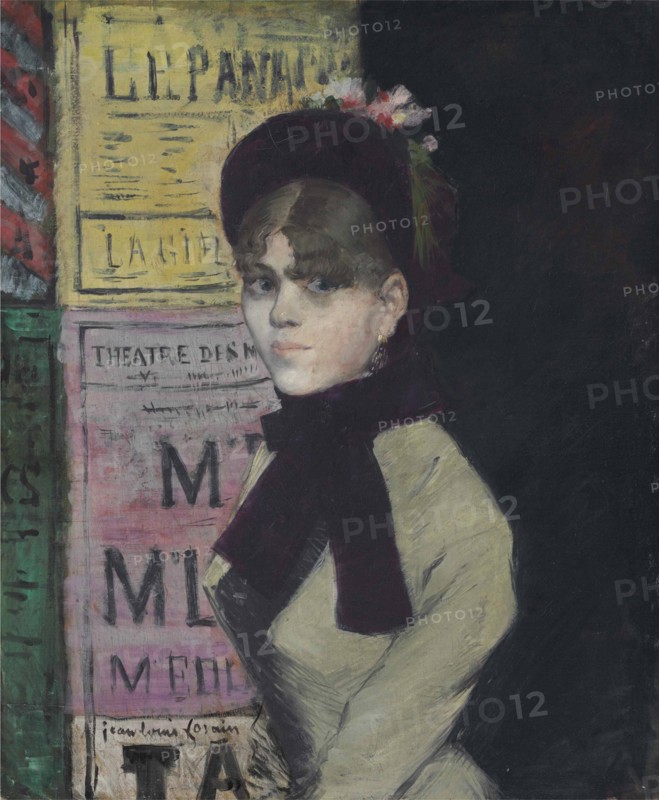Young woman reading in Front of an Advertising Column, ca 1880-1885.