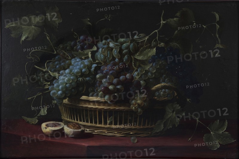 Still life with a basket of grapes.