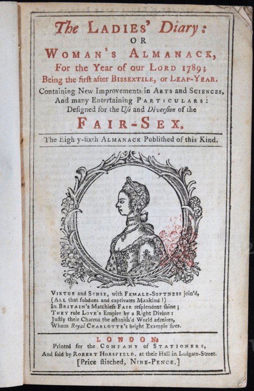 Cover of The Ladies' Diary or the Woman's Almanack, London , 1789.