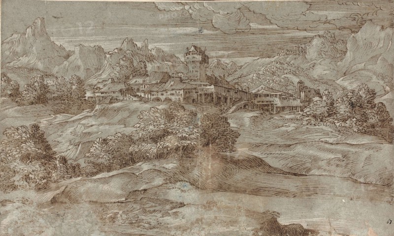Mountain landscape with a village and a castle.