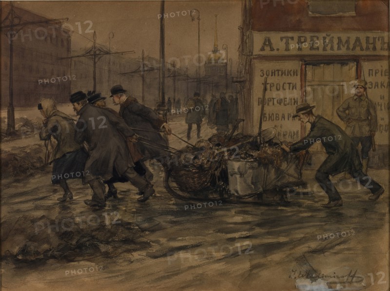 Rich merchants and Russian noblemen set to pulling out rubbish from yards, 1920.