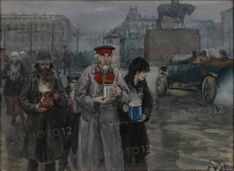 Hungry years in Petrograd. Return from a communal soup kitchen, 1919.