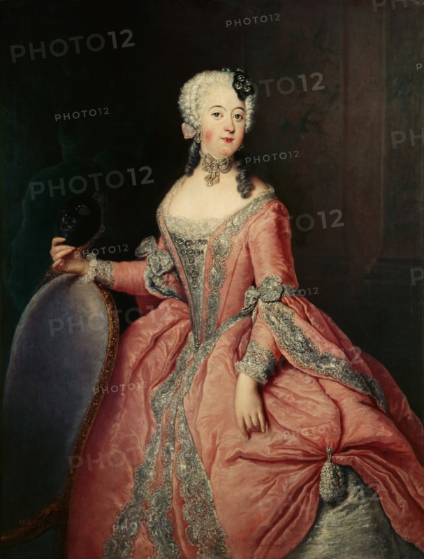 Portrait of Louisa Ulrika of Prussia (1720-1782) with a mask in her hand, ca 1744. Creator: Pesne, Antoine (1683-1757).