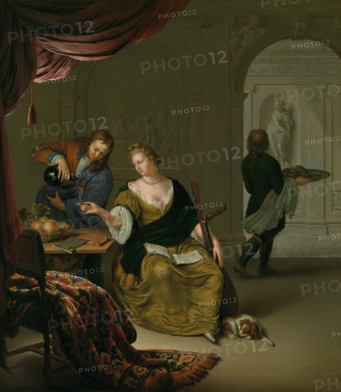 The Neglected Lute (A Lady with a Lute Taking Wine in a Rich Interior), 1705. Creator: Mieris, Willem van (1662-1747).