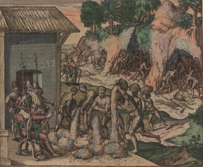 Slaves pour ore in front of European soldiers. In the background, slaves work in the mines, 1595. Creator: Bry, Theodor de (1528-1598).
