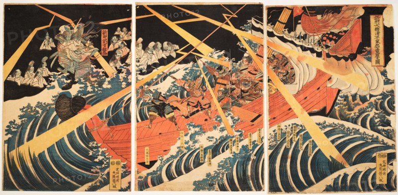 Sesshu Daimotsu no ura Heike onryo arawaruru zu (Attack of the Taira Ghosts at Daimotsu Bay), c1847.