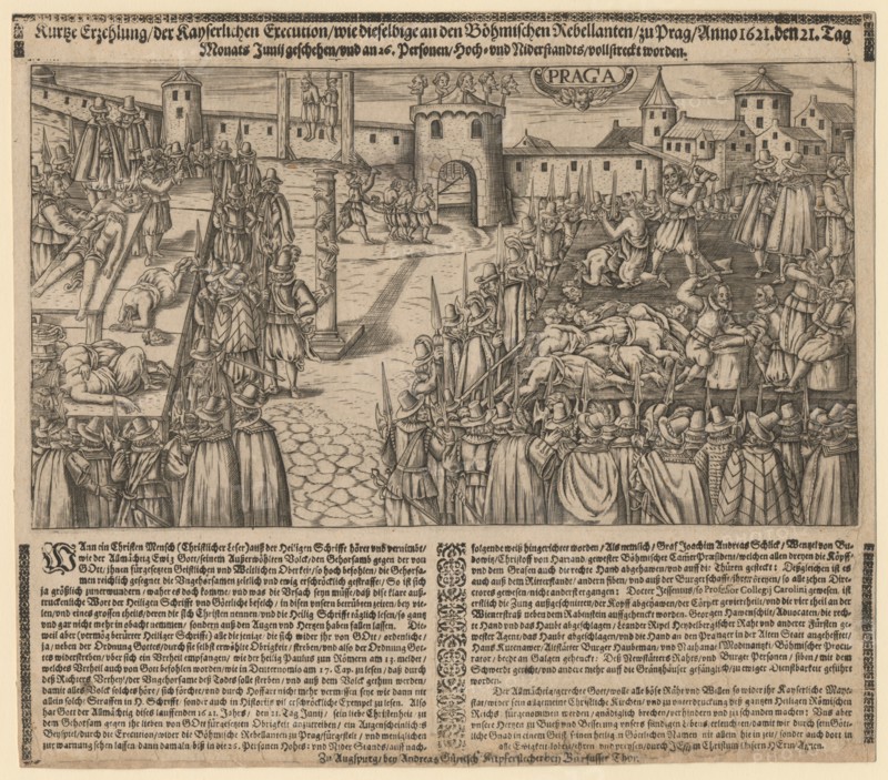 Execution of 27 Protestant Leaders on the Old Town Square in Prague on June 21, 1621, 1621.