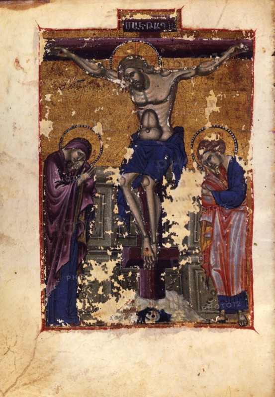 The Crucifixion (Manuscript illumination from the Matenadaran Gospel), 1401.
