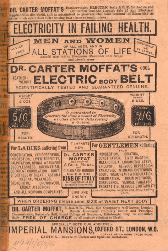 Dr Carter Moffat Electric Body Belt, 1910s. Artist: Unknown