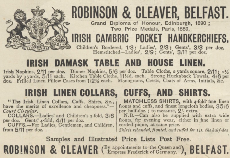 Robinson & Cleaver Linens, 1893. Artist: Unknown