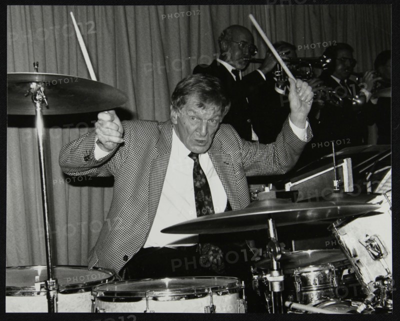 Ronnie Verrell on drums at The Fairway, Welwyn Garden City, Hertfordshire, 1991. Artist: Denis Williams
