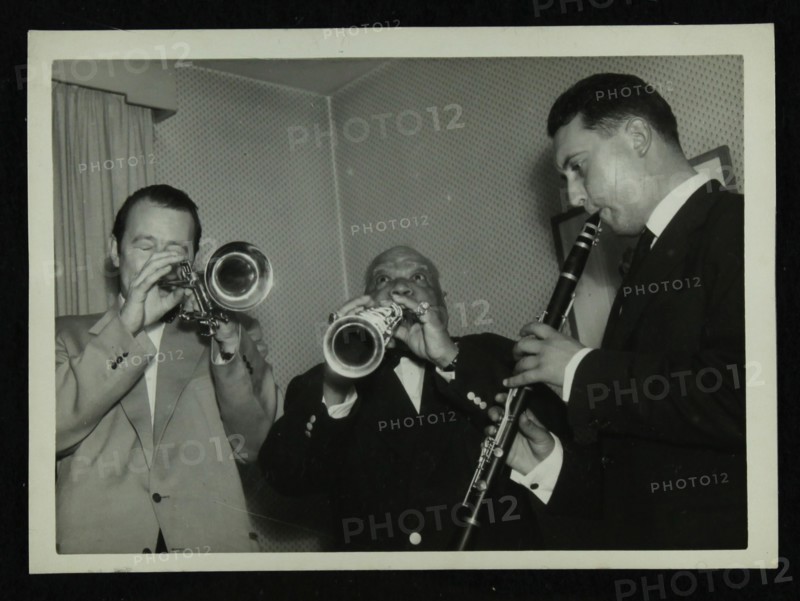 Humphrey Lyttelton, Sidney Bechet and unknown clarinetist, Colston Hall, Bristol, 1956. Artist: Denis Williams