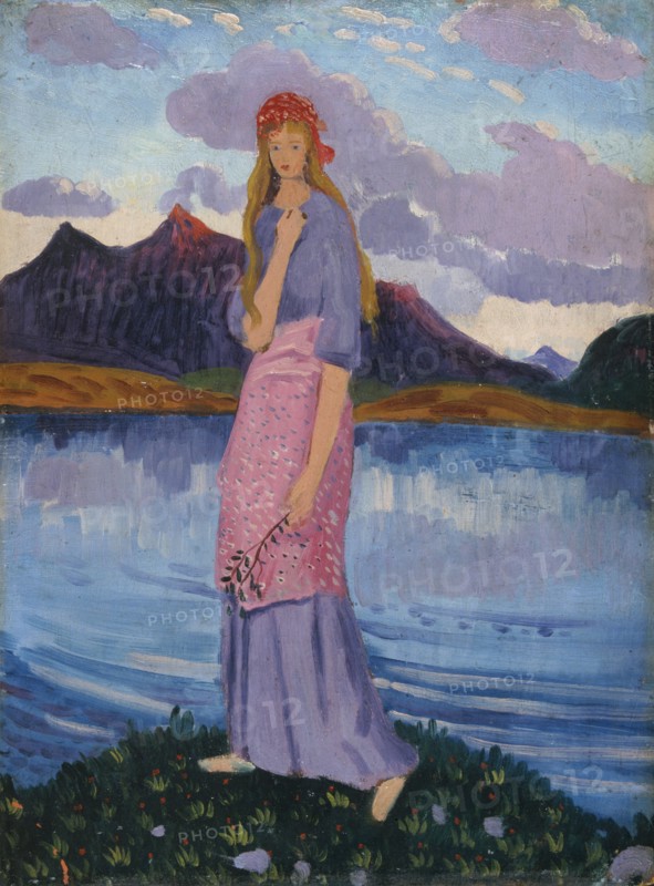 'Girl standing by a lake', 1911-12 Artist: James Dickson Innes