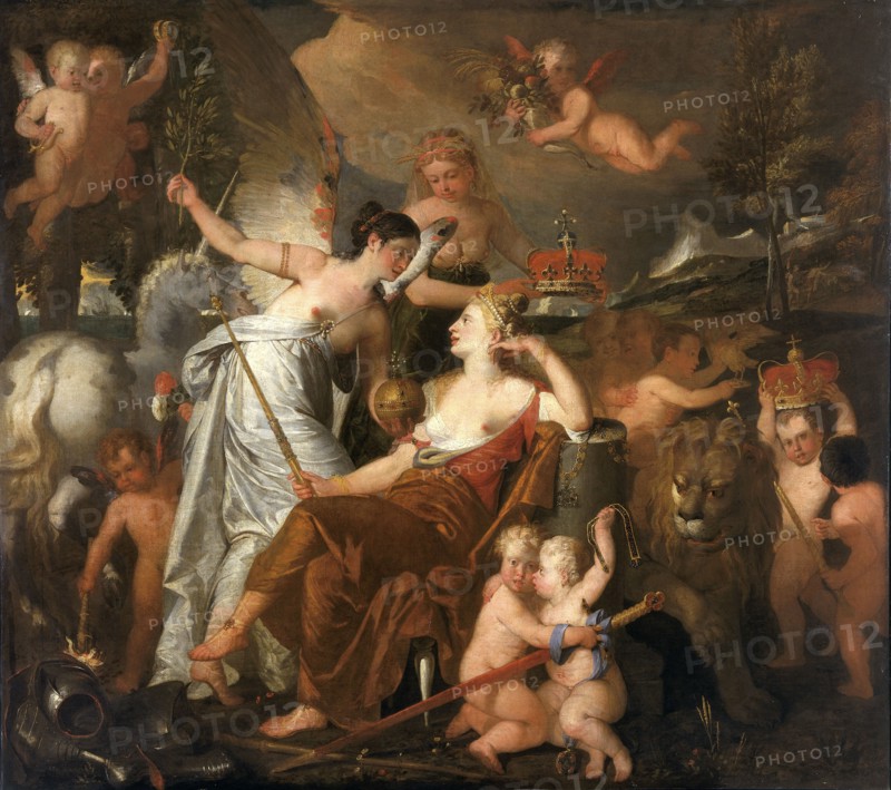 'A late Princess personifying Peace crowning the glory of England reflected on Europe', 1819. Artist: John Downman