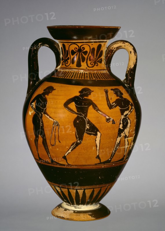 Panathenaic amphora with armed Athena (A) and three athletes (B), early 5th century BC,. Artist: Painter of Oxford 218.