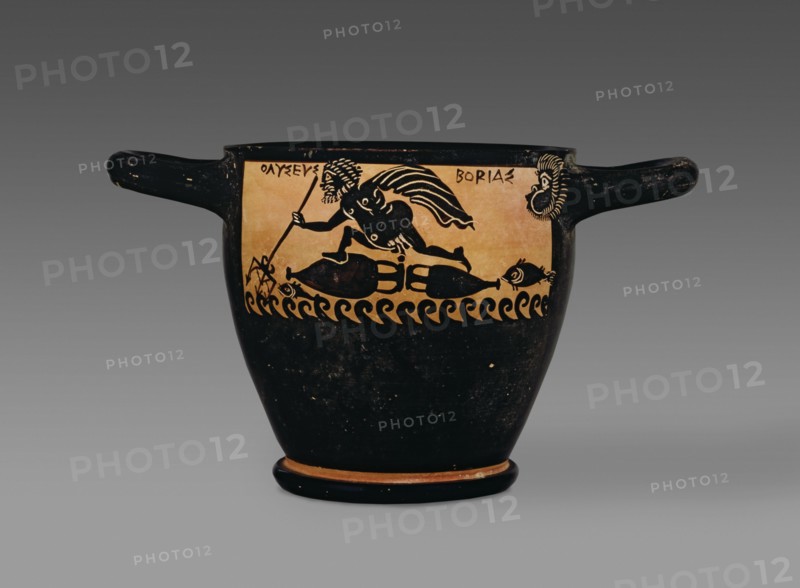 Boetian black-figure skyphos depicting Odysseus at sea and with Circe, 4th century BC. Artist: Cabirion Group.