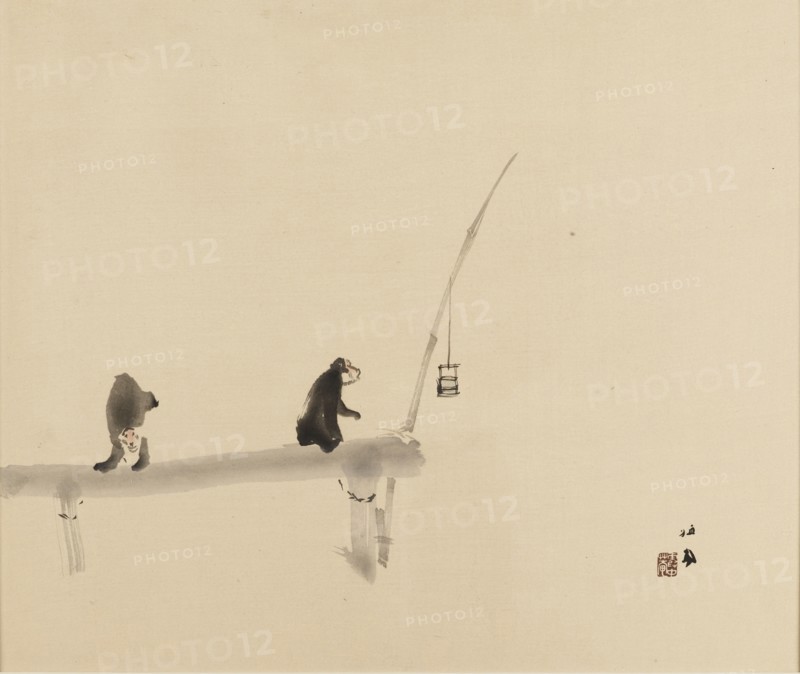 Woodblock print - Two monkeys on a jetty, late 19th-early 20th century. Artist: Takeuchi Seiko.