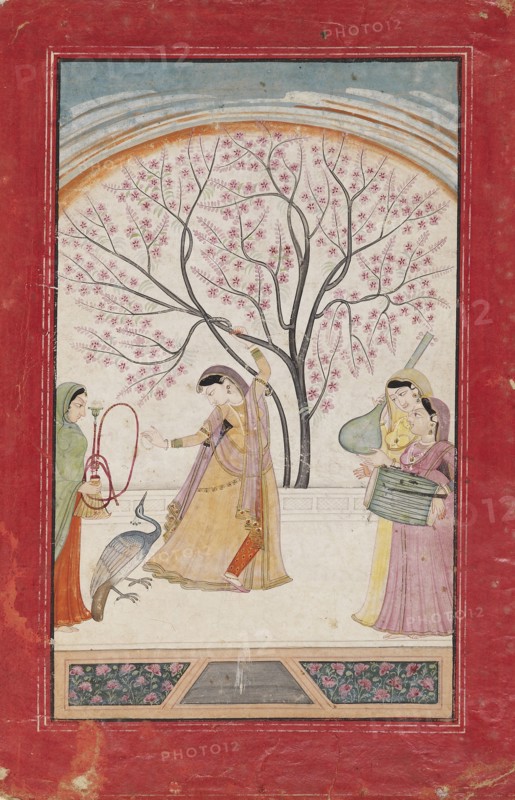 Lady on terrace with tree branch, peacock, maid, and two musicians, late 18th-early 19th century Artist: Unknown.