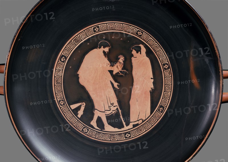 Attic red-figure cup with a bearded man offering a cockerel to a boy (courtship), c470 BC. Artist: Euaichme Painter.