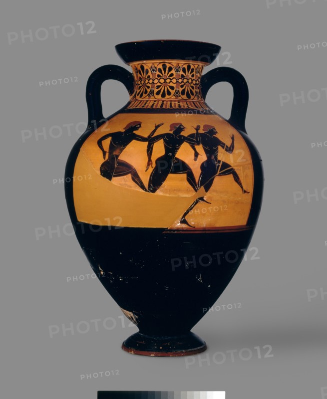 Attic black-figure Panathenaic amphora with depiction of (A) Athena and Hermes between columns crown Artist: Unknown.