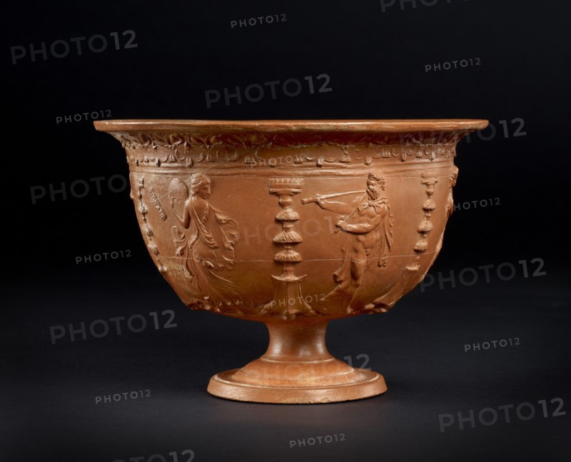 Red-slipped bowl: musicians and dancers entertain while servants bring food to a banquet, 25 BC-1 BC Artist: Unknown.