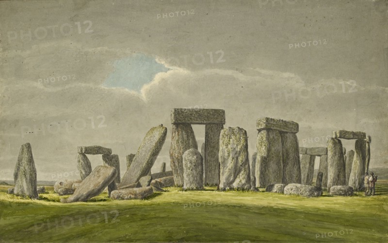 Stonehenge from the S.E, showing stones in ruined state with 2 visitors, 1824-1839. Artist: Henry Browne.