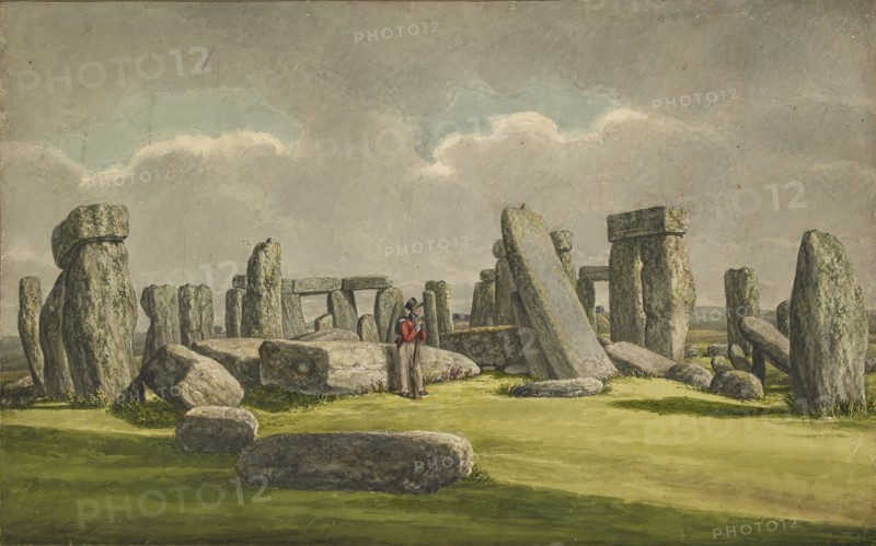 Stonehenge from the W.S.W., showing ruins with soldier, 1824-1839. Artist: Henry Browne.