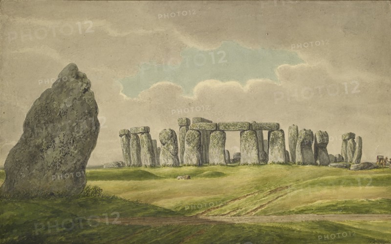 Stonehenge from the N.E., showing ruins and heel stone with cart, horse, person, 1824-1839. Artist: Henry Browne.